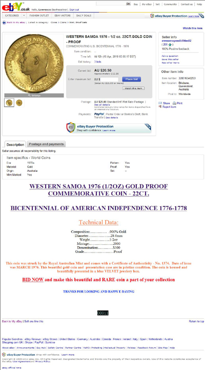 awesomepossibilities52 eBay Listing Using our 1976 Western Samoa $100 Gold Proof Photographs